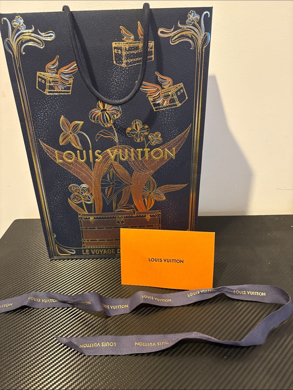 Louis Vuitton Navy and Gold 2025 Holiday Shopper with Orange Card and Ribbon